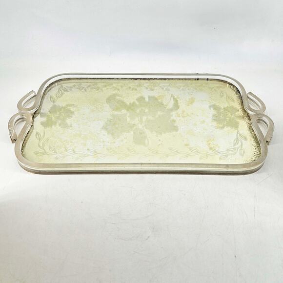 Vintage Etched Roses mirrored Lucite handles Vanity or Serving Tray - Picture 1 of 4